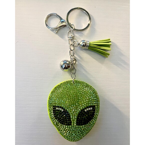 Extraterrestrial Crystal Bejeweled Keychain - Alien Head w Green Tassel - Picture 5 of 6